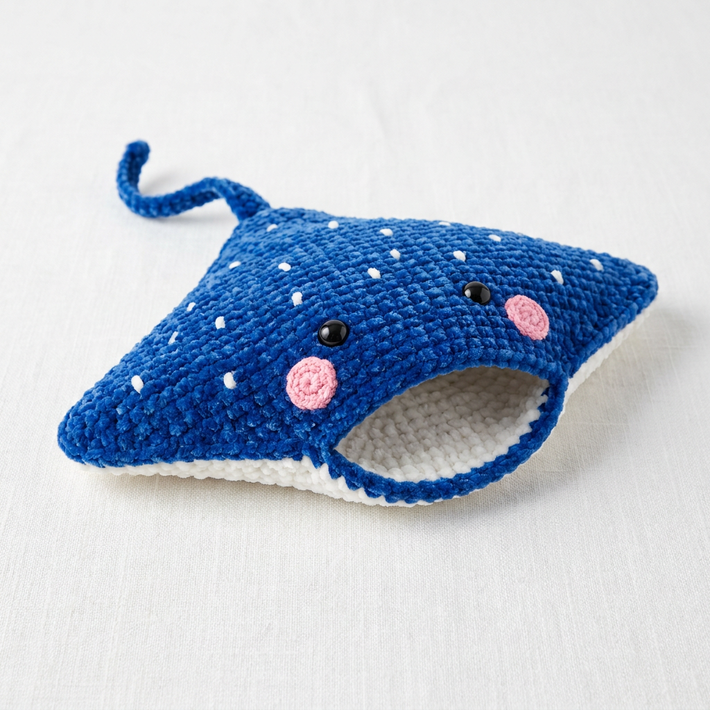 Nath's real handmade crocheted royal blue velvet stingray with white dots, rosy cheeks, safety eyes, and sea creature friends